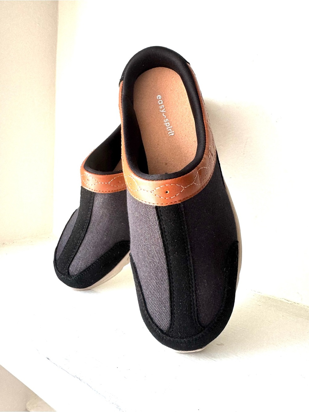 Easy Spirit Women’s Travelcoast Black and Denim Slip-On Comfort Mule